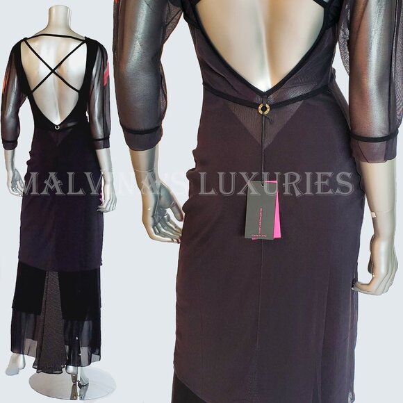 AVE THE QUEEN DRESS MAXI LONG SIGNATURE PRINTED TULLE OPEN BACK sz S SMALL - Picture 5 of 10